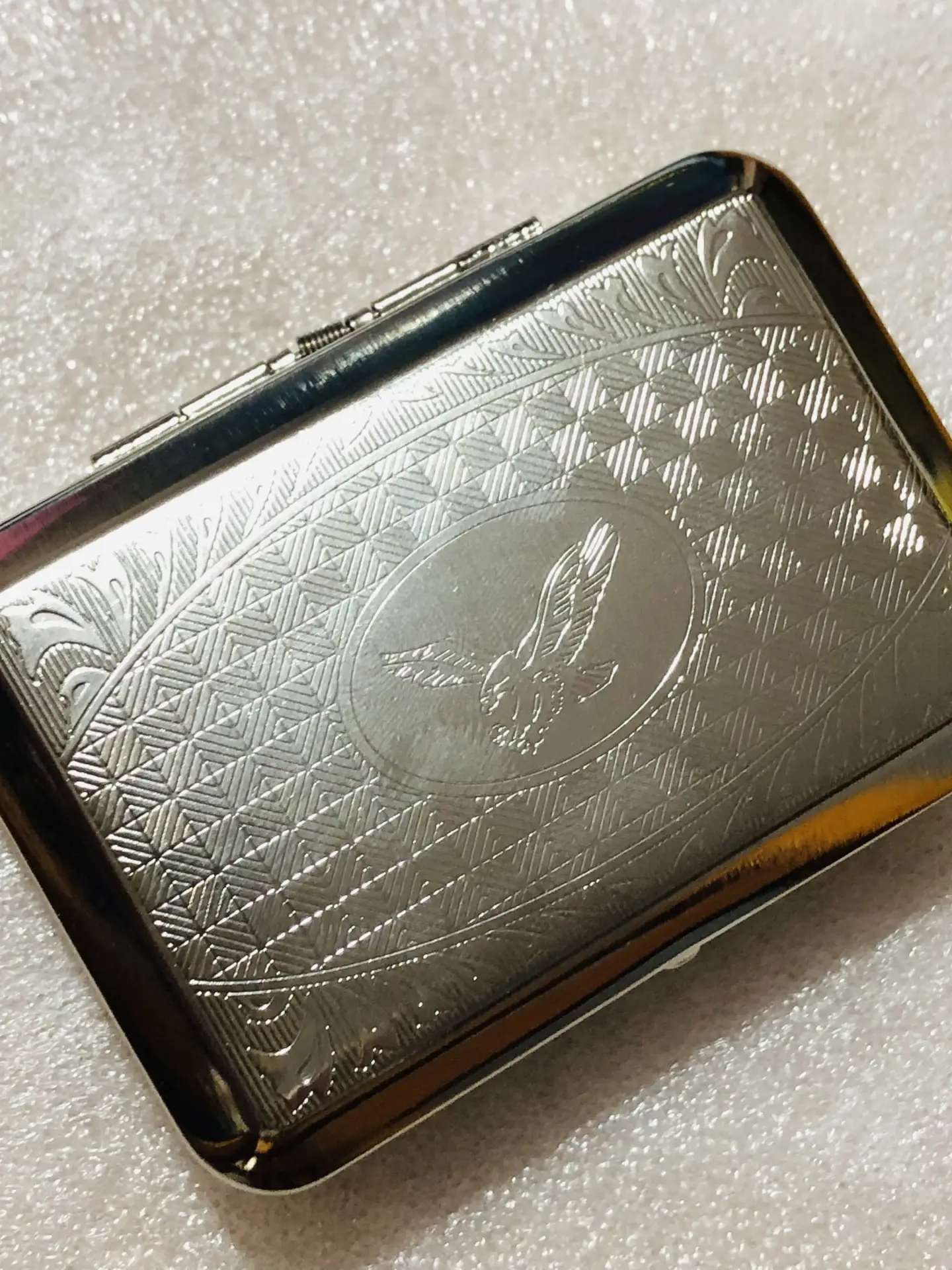 Silver metal tobacco tin engraved graphic